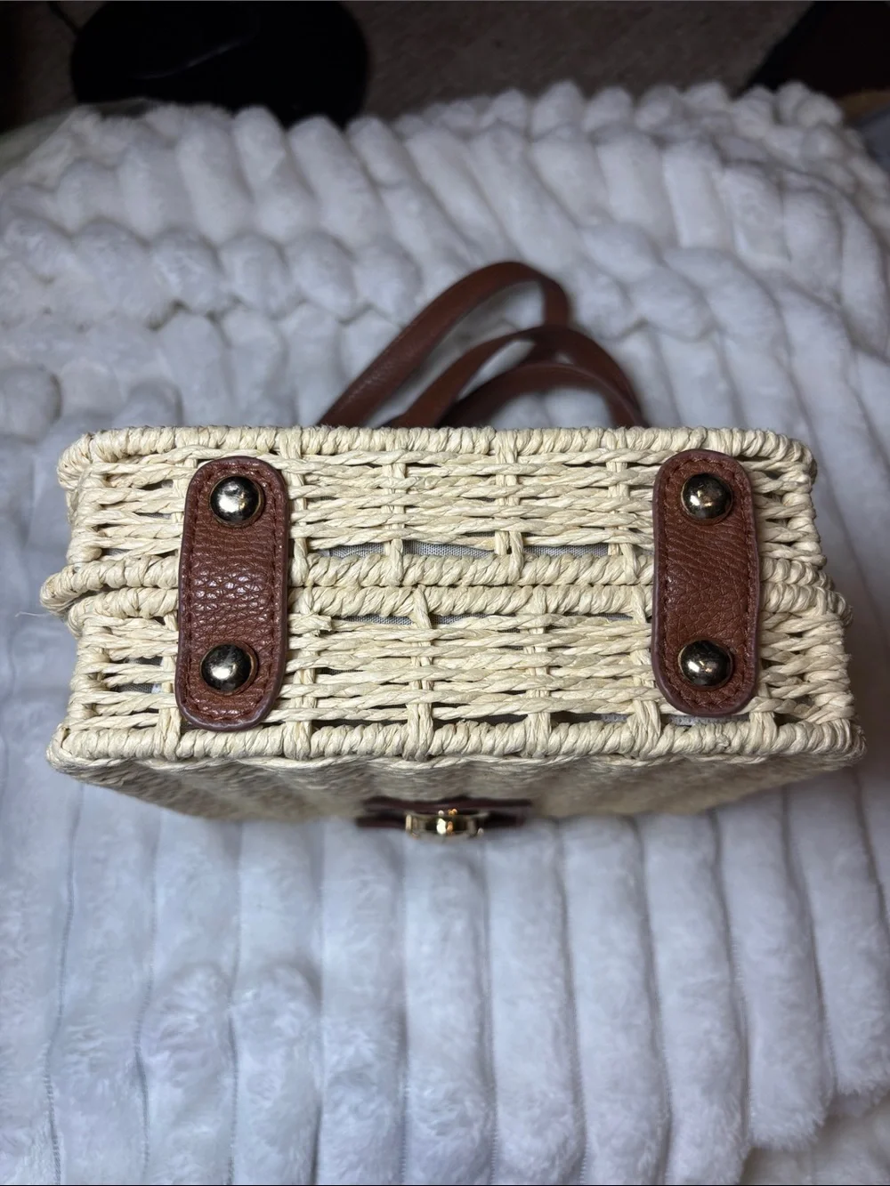 Primark Woven Straw Crossbody Bag with Brown Trim EUC